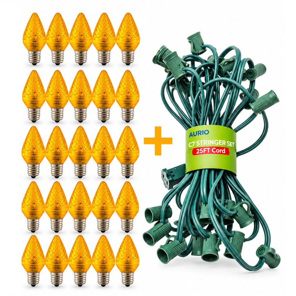 C7 Orange LED Light Bulb & Stringer Combo Kit – 25 Bulbs + 1 Stringer with 25 Sockets