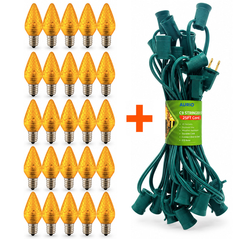 C9 Orange LED Light Bulb & Stringer Combo Kit – 25 Bulbs + 1 Stringer with 25 Sockets