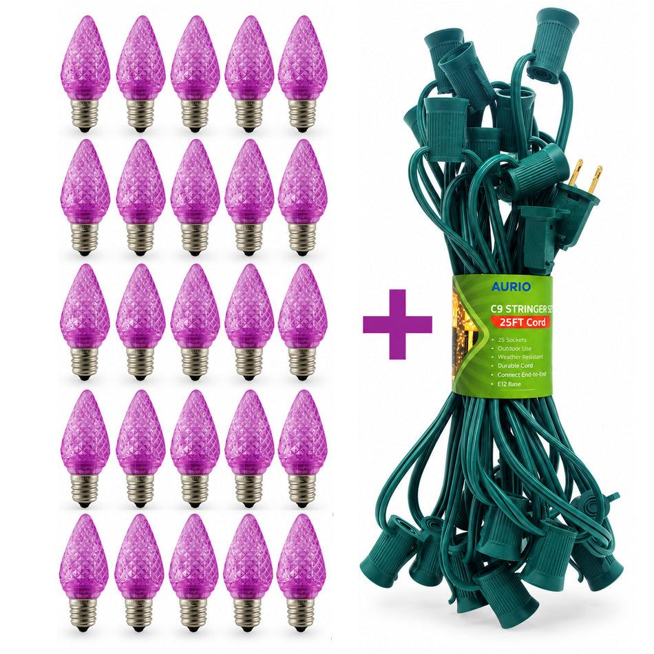 C9 Purple LED Light Bulb & Stringer Combo Kit – 25 Bulbs + 1 Stringer with 25 Sockets